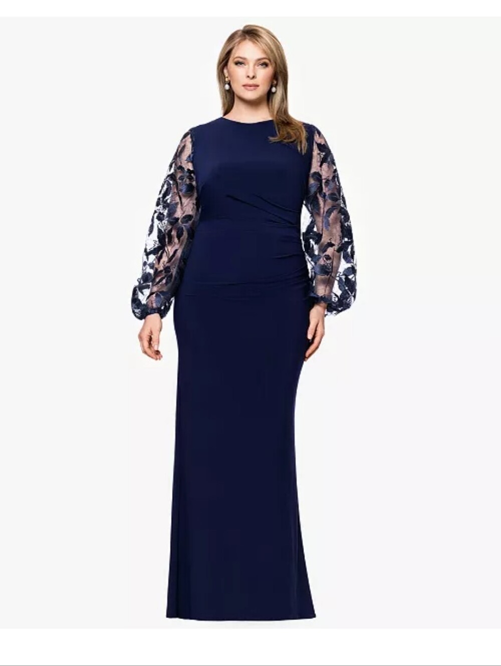 Betsy & Adam NWT 14W Navy Blue Lace Sleeve Ruched Formal Gown $259